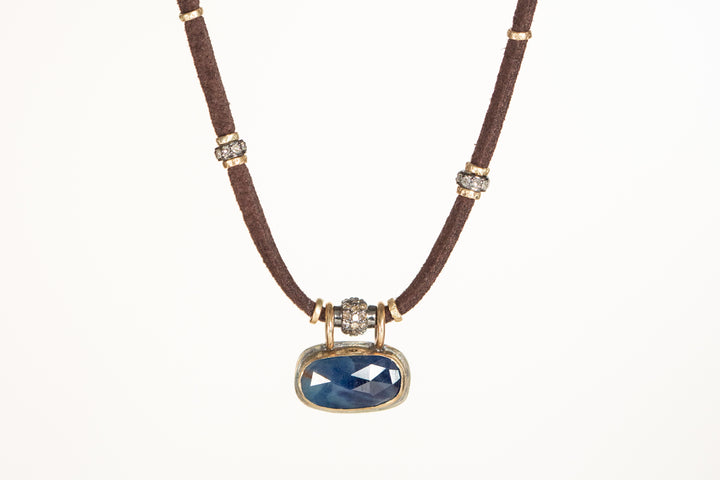 Blue Sapphire Necklace w/Pavé Diamond and 14k Gold