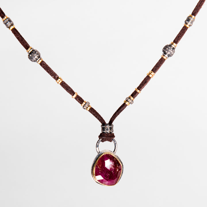 Ruby With Gold & Pavé Diamond Leather Necklace