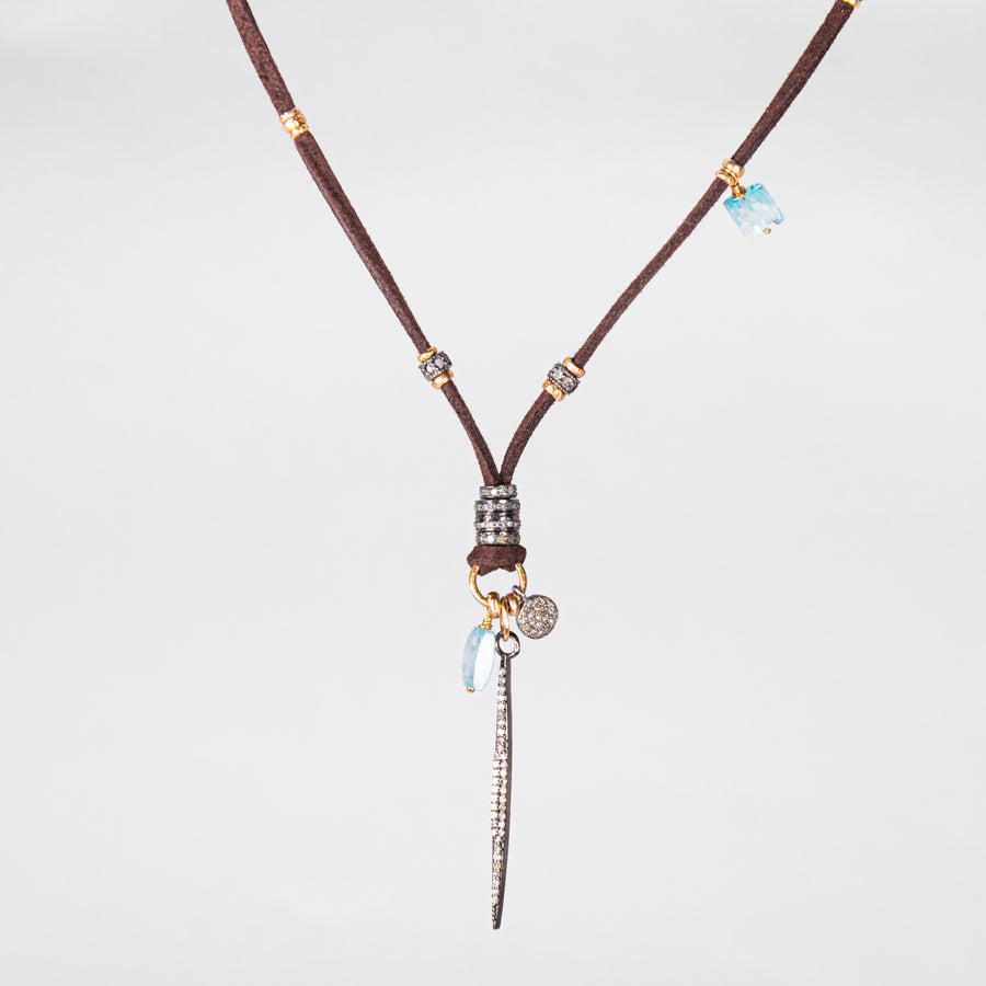 Pavé Diamond Spike with Blue Zircon and Gold and Leather Necklace