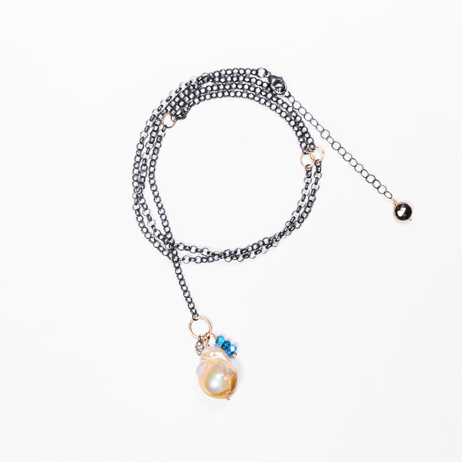 Baroque Pearl with Pavé Diamond and Gold, Sterling Silver Necklace
