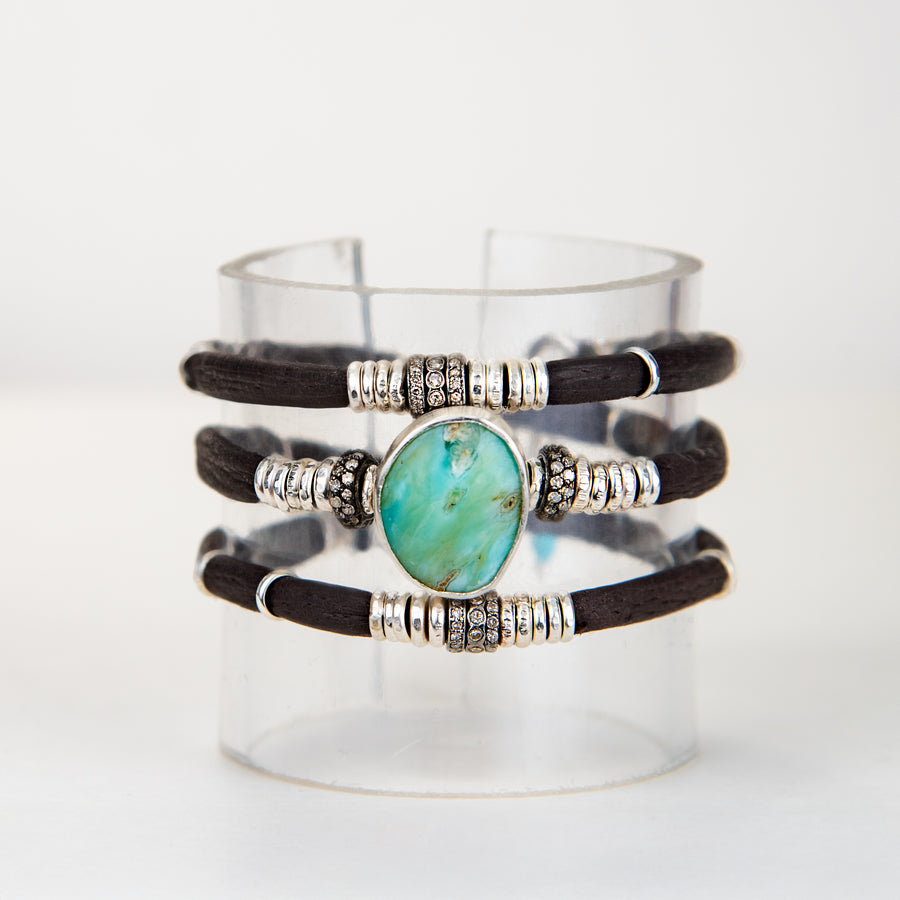 Turquoise and Diamond Espresso Brown Leather Wrap