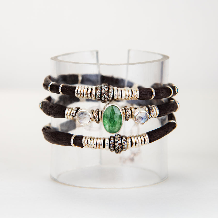 Green Kyanite and Diamond Espresso Brown Leather Wrap