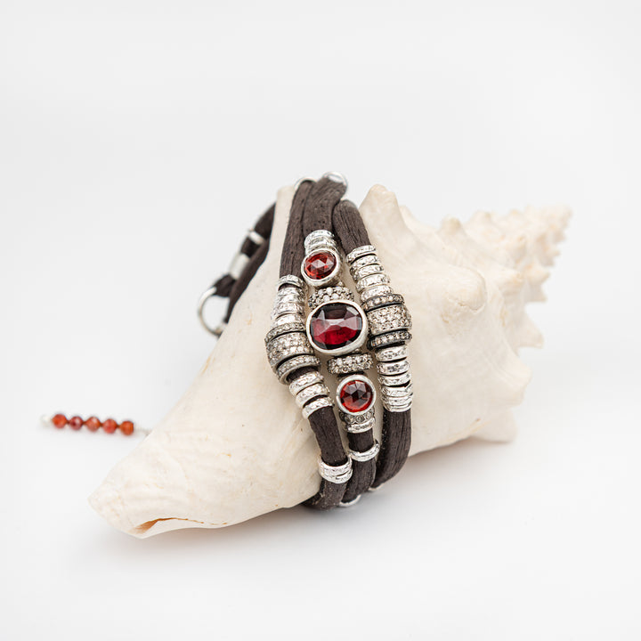 Rhodolite Garnet and Diamond Espresso Brown Leather Wrap
