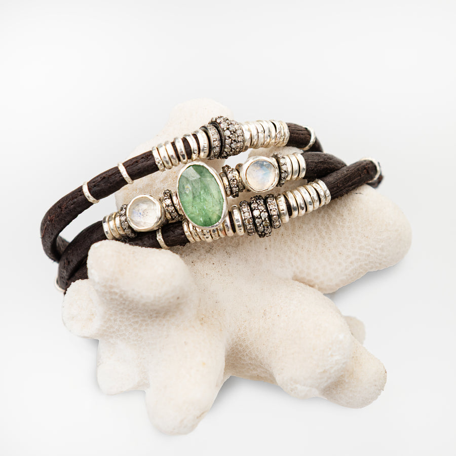 Green Kyanite and Diamond Espresso Brown Leather Wrap