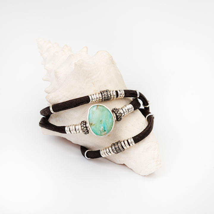 Turquoise and Diamond Espresso Brown Leather Wrap