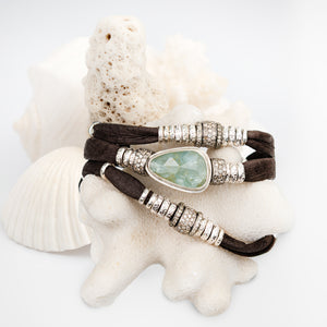 Sea Green Moss Aquamarine and Diamond Espresso Brown Leather Wrap