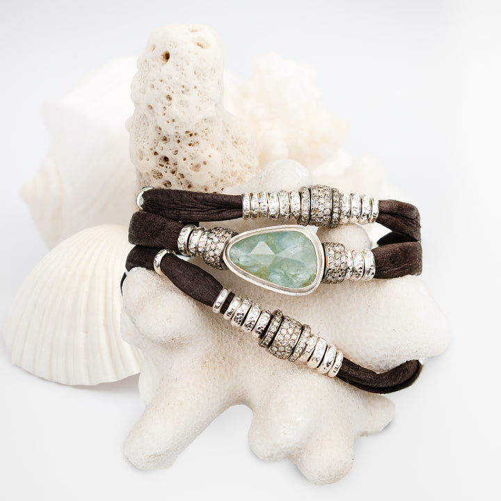 Sea Green Moss Aquamarine and Diamond Espresso Brown Leather Wrap