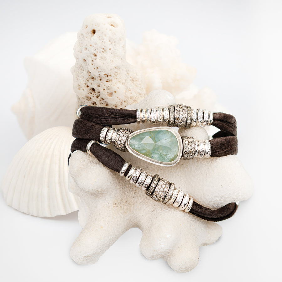 Sea Green Moss Aquamarine and Diamond Espresso Brown Leather Wrap