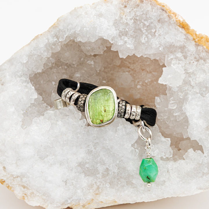 Green Kyanite and Diamond Leather Bracelet