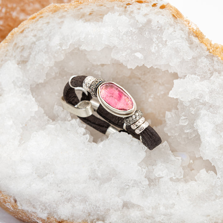 (New) Pink tourmaline and diamond leather bracelet