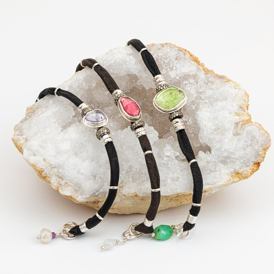 Tanzanite and Diamond Ink black leather Bracelet
