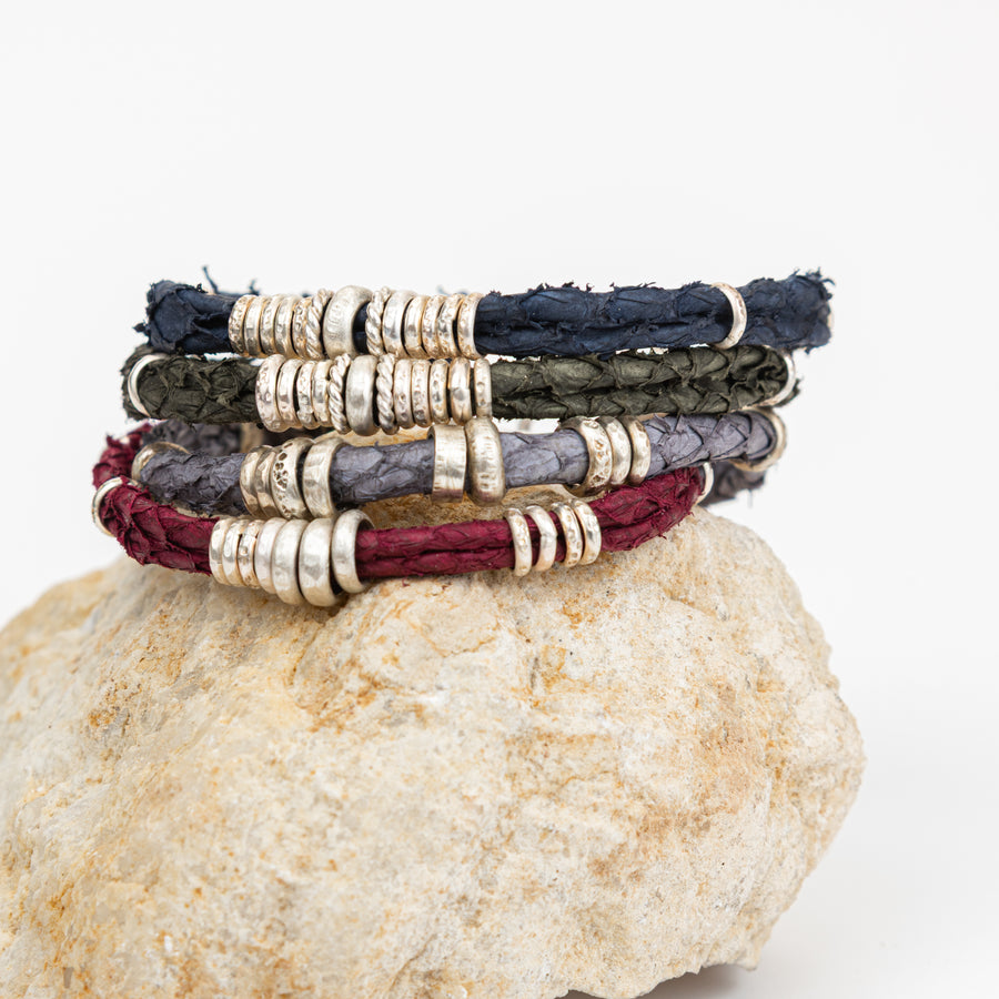 Mens Textured Leather Bracelet Wine