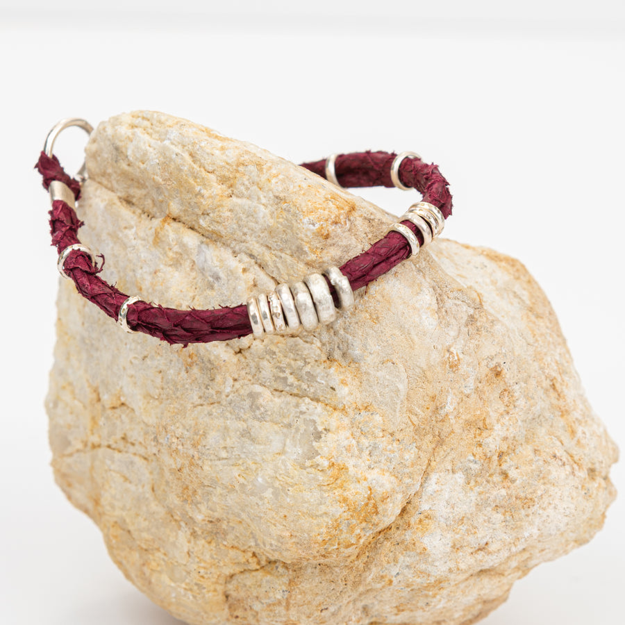 Mens Textured Leather Bracelet Wine