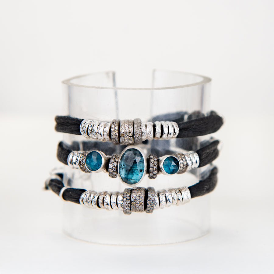 Blue Kyanite and Diamond on Ink Black Leather Wrap