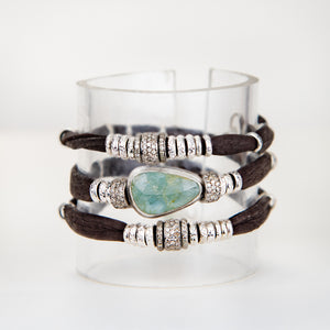 Sea Green Moss Aquamarine and Diamond Espresso Brown Leather Wrap