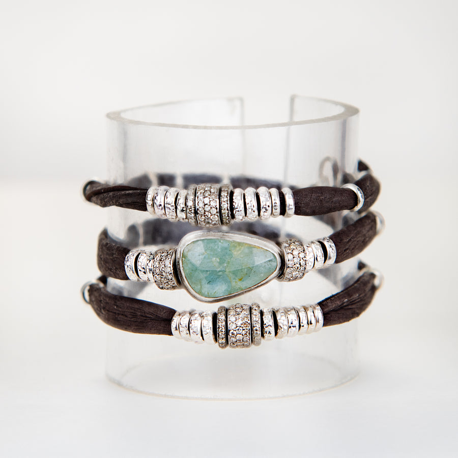 Sea Green Moss Aquamarine and Diamond Espresso Brown Leather Wrap