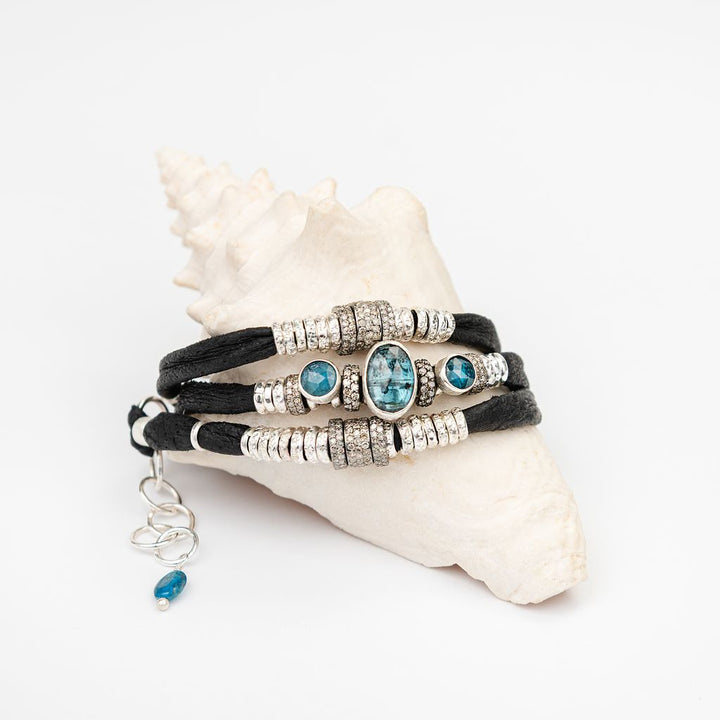 Blue Kyanite and Diamond on Ink Black Leather Wrap