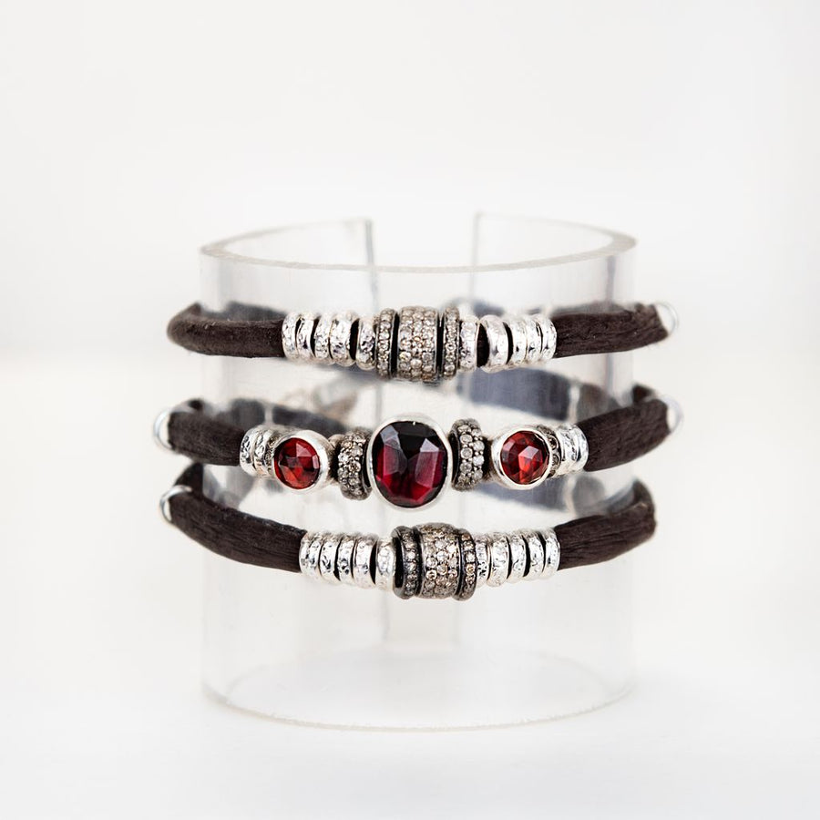 Rhodolite Garnet and Diamond Espresso Brown Leather Wrap