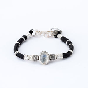 Moonstone & Pavé Diamond Ink Black Leather Bracelet