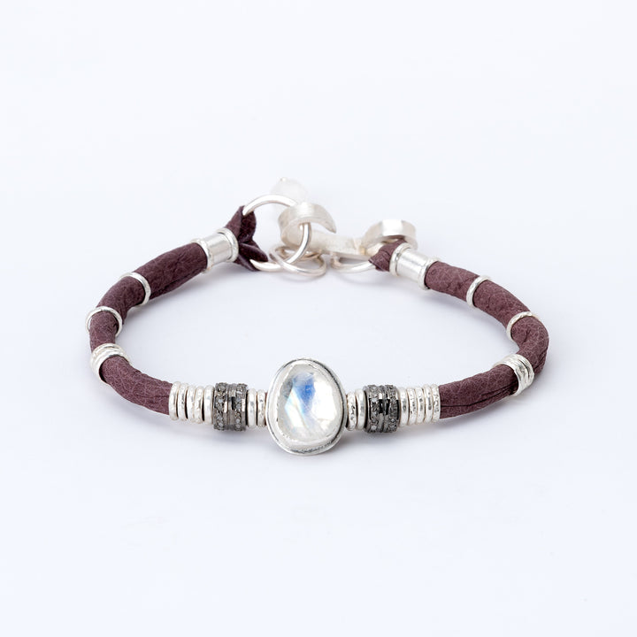 Moonstone & Pavé Diamond Dark Lavender Leather Bracelet