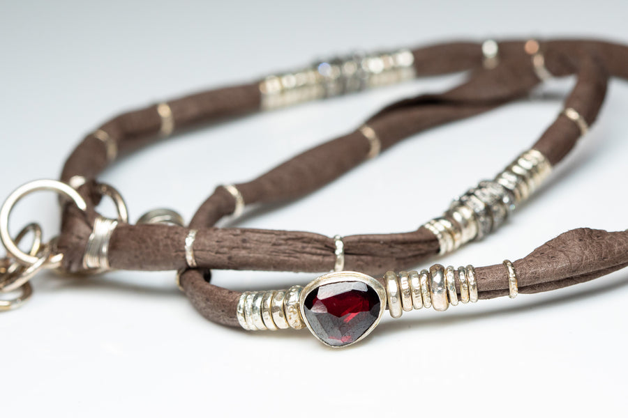 Rhodolite Garnet and Pavé Diamonds Chocolate Brown Leather Wrap