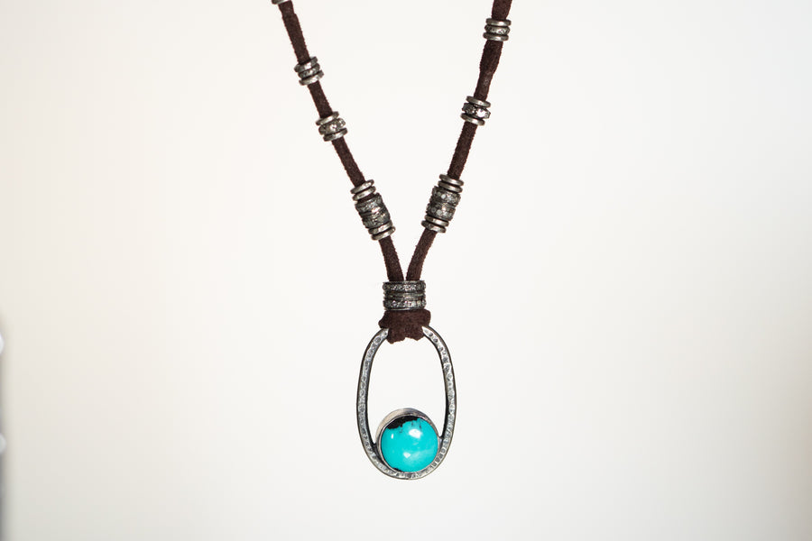 Turquoise and Pavé Diamond Leather Necklace