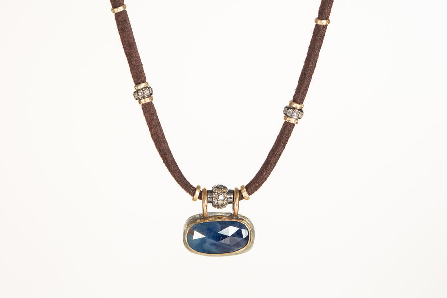 Blue Sapphire Necklace w/Pavé Diamond and 14k Gold