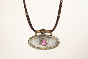 Pink Tourmaline and Pavé Diamond and Gold Leather Necklace