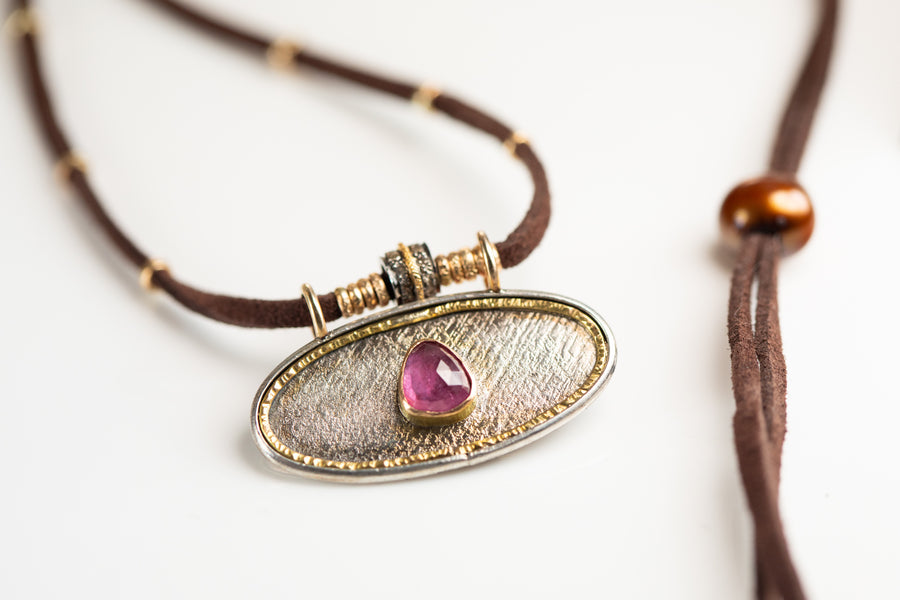 Pink Tourmaline and Pavé Diamond and Gold Leather Necklace