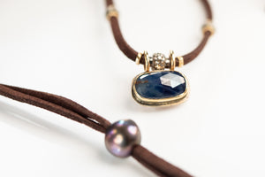 Blue Sapphire Necklace w/Pavé Diamond and 14k Gold