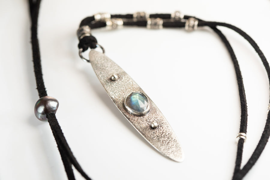 Labradorite and Pavé Diamond Leather Necklace