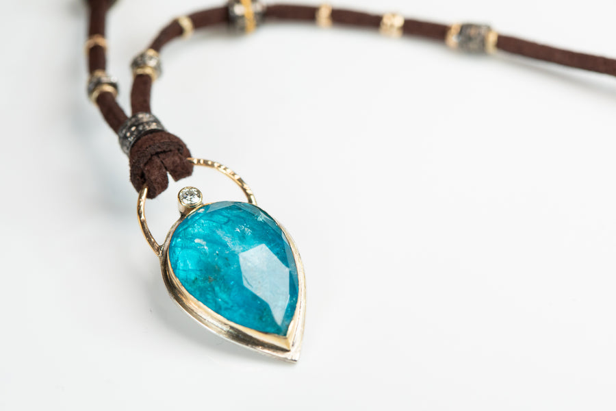 Blue Apatite and Diamond Leather Necklace