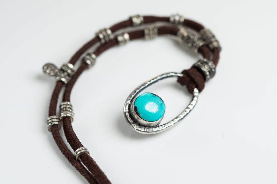 Turquoise and Pavé Diamond Leather Necklace