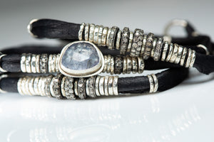 Tanzanite and Pavé Diamond Ink Black Leather Wrap
