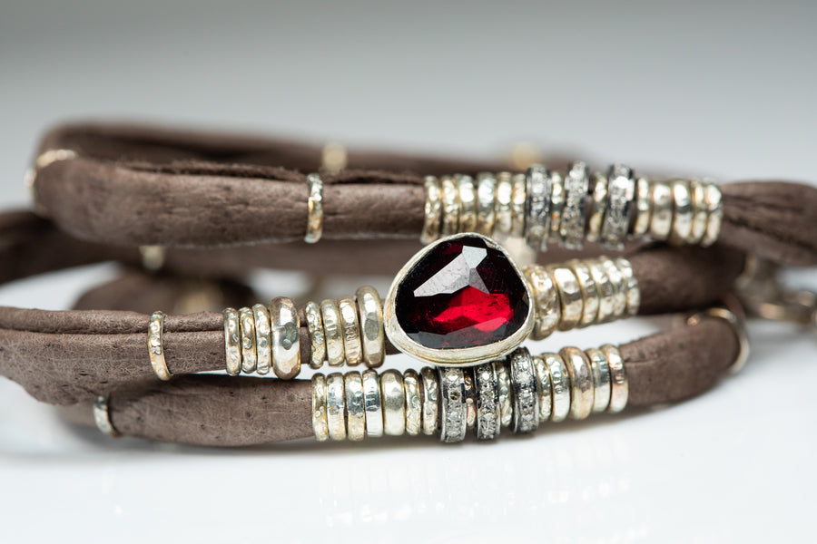 Rhodolite Garnet and Pavé Diamonds Chocolate Brown Leather Wrap