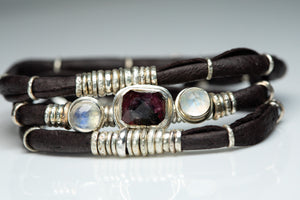 Dark Maroon Tourmaline and Moonstones Espresso Leather Wrap