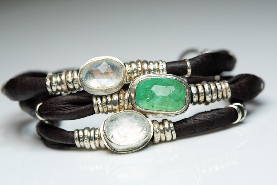 Bright Green Tourmaline and Moonstones Espresso Leather Wrap