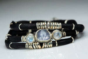 Tanzanite and Moonstone Ink Black Leather Wrap