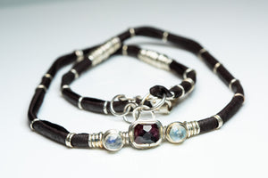 Dark Maroon Tourmaline and Moonstones Espresso Leather Wrap