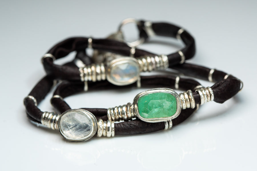 Bright Green Tourmaline and Moonstones Espresso Leather Wrap