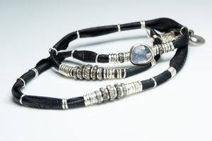 Tanzanite and Pavé Diamond Ink Black Leather Wrap