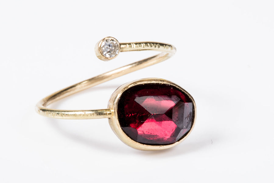 Rhodolite Garnet Gold and Diamond Open Wrap Ring