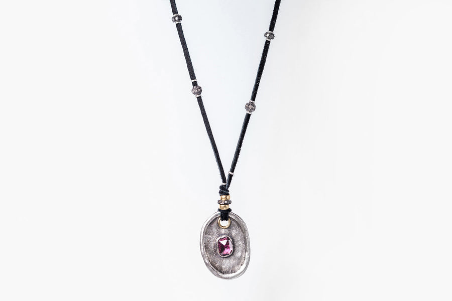 Rhodolite Garnet and Pavé Diamond Leather Necklace