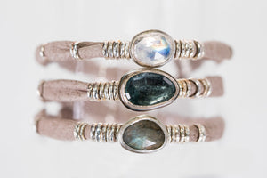 Moss Aquamarine and Moonstones and Labradorite Dark Taupe Leather Wrap