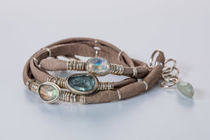 Moss Aquamarine and Moonstones and Labradorite Dark Taupe Leather Wrap
