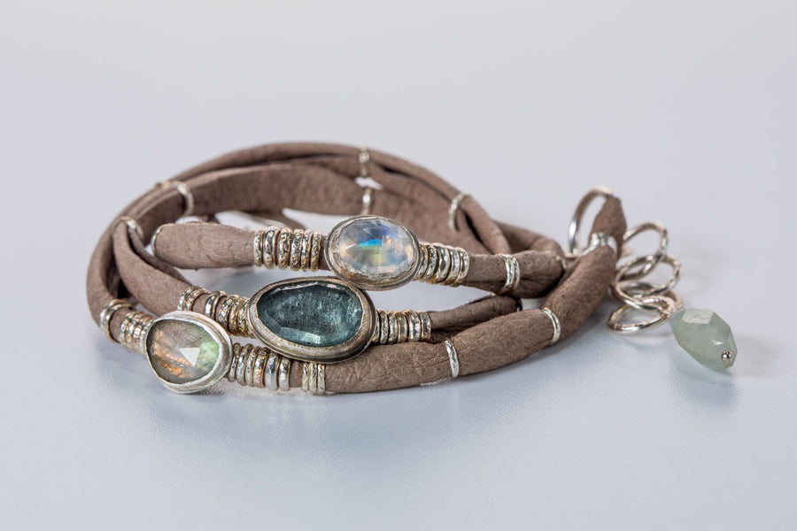 Moss Aquamarine and Moonstones and Labradorite Dark Taupe Leather Wrap