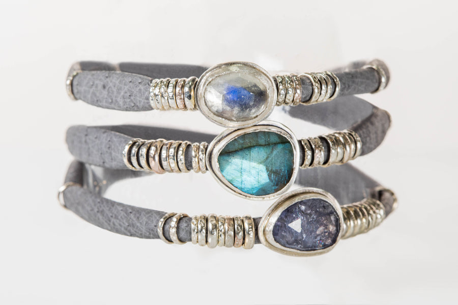 Labradorite With Iolite and Moonstone Grey Leather Wrap