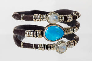 Kingman Turquoise and Moonstones Espresso Brown Leather Wrap