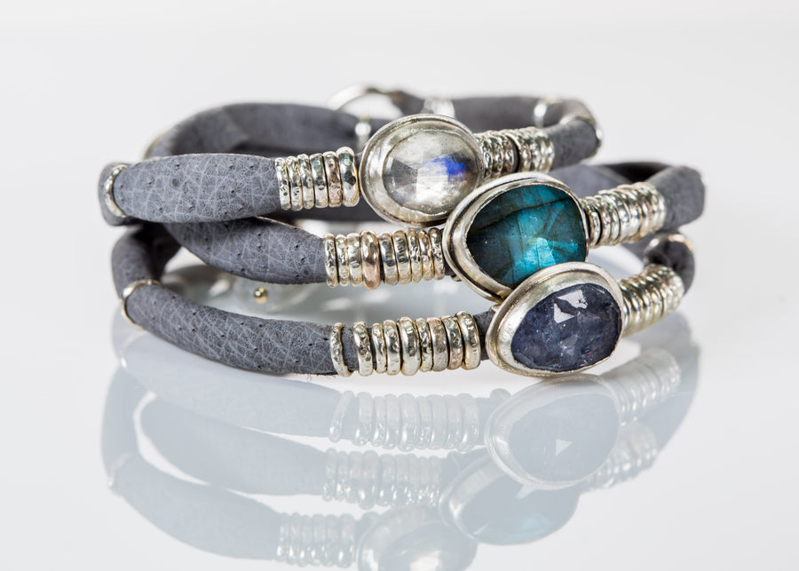 Labradorite With Iolite and Moonstone Grey Leather Wrap