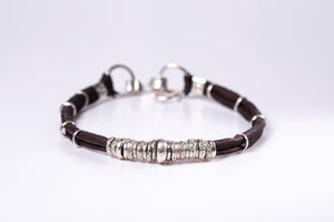 Ink Black and Sterling Silver Mens Leather Bracelet